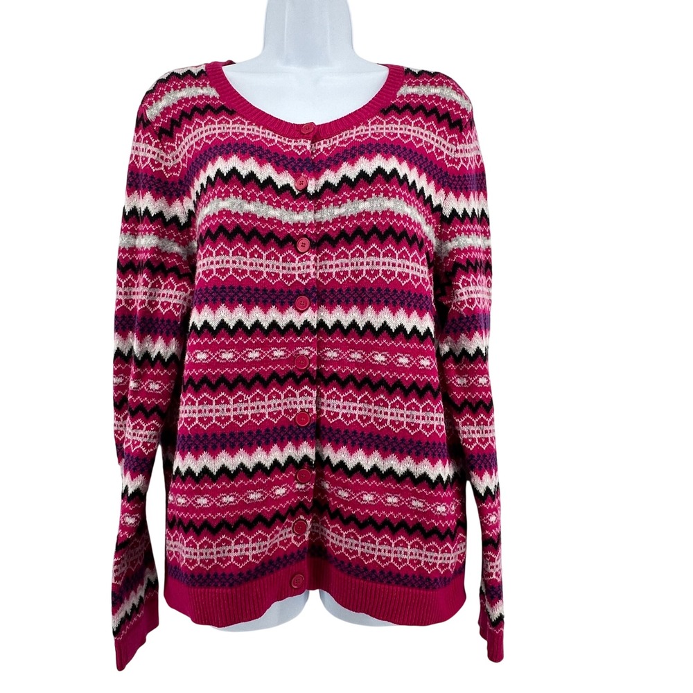 Talbots Cardigan Sweater Women Large Pink Fair Isle Lambswool Grandmacore Nordic